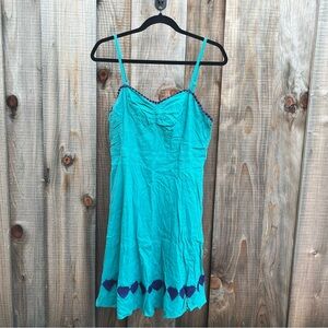 ModCloth Teal Sweetheart Dress w Dark Blue Heart Accent Sleeveless L Fit & Flare